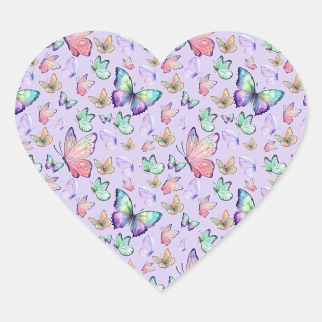 Adesivo Coração Borboletas de Aquarela Púrpura Sem Costura (Frente)