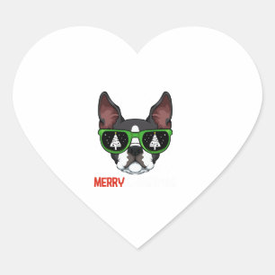 Adesivo Coração Boston Terrier Christmas Pajama Dog Sunglass X-M