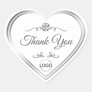 Adesivo Coração Branco chic com quadro prateado e logotipo Obrigad