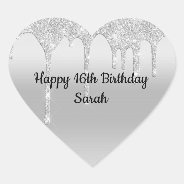 Adesivo Coração Brilho Pingando Prata Aniversário Personalizado (Frente)