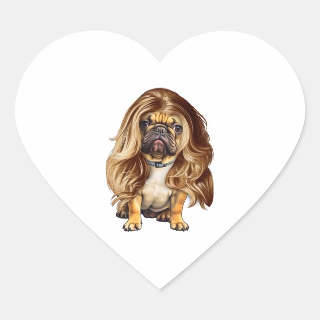 Adesivo Coração Buldogue com cabelo bonito (Frente)