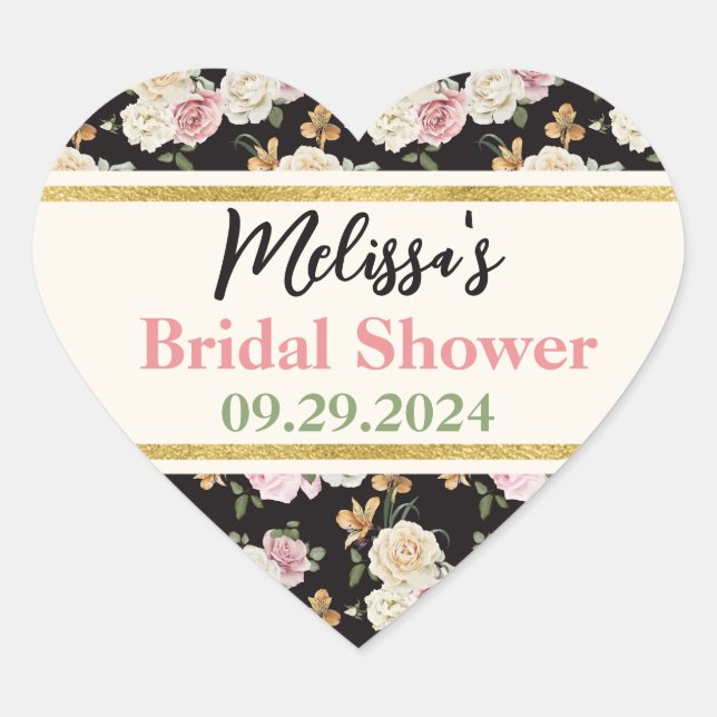 Adesivo Coração Buquê Floral Preto, Marfim e Dourado (Frente)