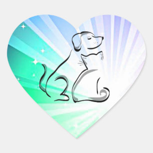 Adesivo Coração CACHORRO e GATO em vinhetas de luzes brilhantes.