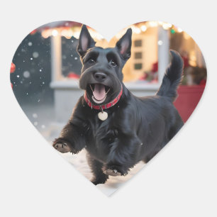 Adesivo Coração Cachorro escocês tocando neve de Natal
