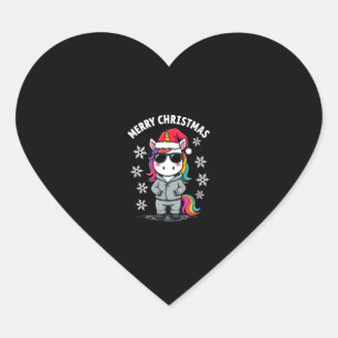 Adesivo Coração Camiseta de Unicórnio de Natal com Chapéu do Papai