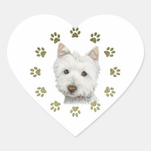 Adesivo Coração Cão bonito e patas de Terrier branco de montanhas