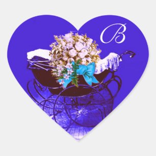 ADESIVO CORAÇÃO CARRINHO DE BEBÊ VINTAGE, CHÁ DE BEBÊ FLORES MONOG