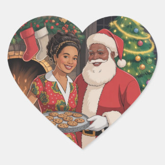 Adesivo Coração Cartão de Natal do Papai Noel Preto & Sra. Claus