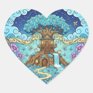 Adesivo Coração Casa de Árvore Sob a Lua Fantasia ilustração mágic