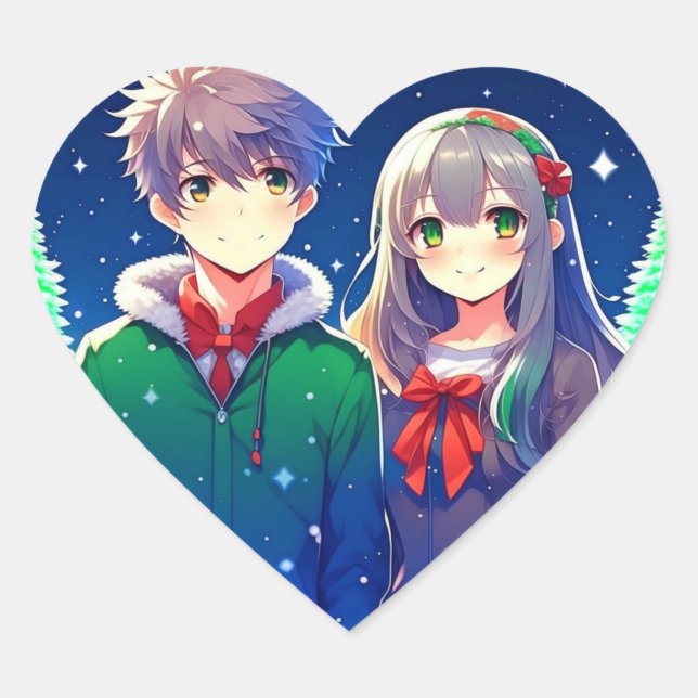 Adesivo Coração Casal de anime Natal romântico (Frente)