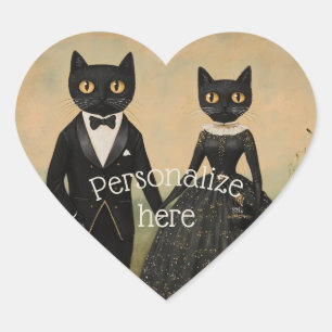 Adesivo Coração Casal de gatos pretos arte popular vintage gótico 