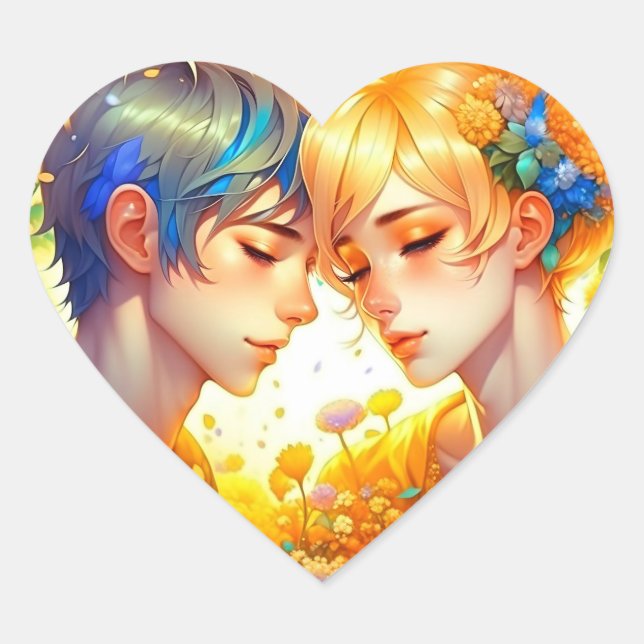 Adesivo Coração Casal Floral de Menino e Menina Anime Temático (Frente)