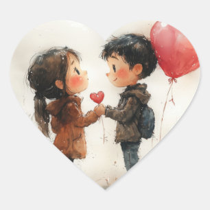 Adesivo Coração Casal Fofo em Aquarela com Balão em Forma de Coraç