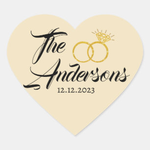 Adesivo Coração Casal Nupcial Moderno Anel Nome do Favor Data Ouro