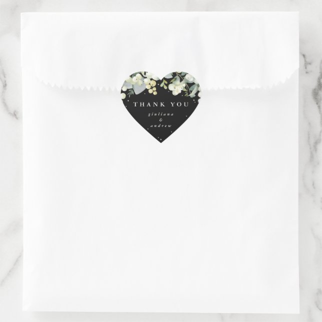 Adesivo Coração Casamento de Black Snowberry+Eucalyptus Obrigado (Bolsa)