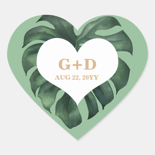 Adesivo Coração Casamento de Folha de Palma Tropical (Frente)