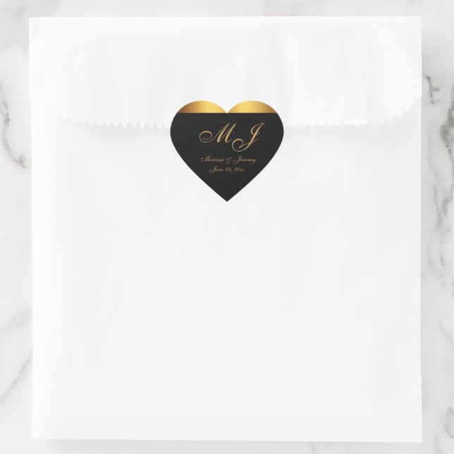 Adesivo Coração Casamento de Monograma de Script Dourado Preto Chi (Bolsa)