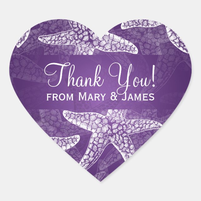 Adesivo Coração Casamento de Praia Obrigado Starfish Purple (Frente)