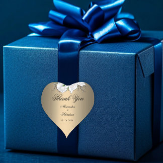 Adesivo Coração Casamento Dourado com Rosa Branca Obrigado