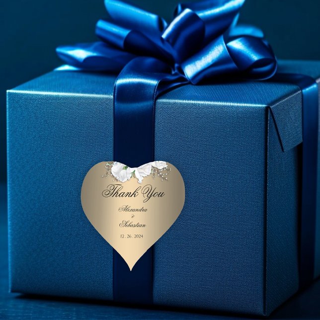 Adesivo Coração Casamento Dourado com Rosa Branca Obrigado (Criador carregado)