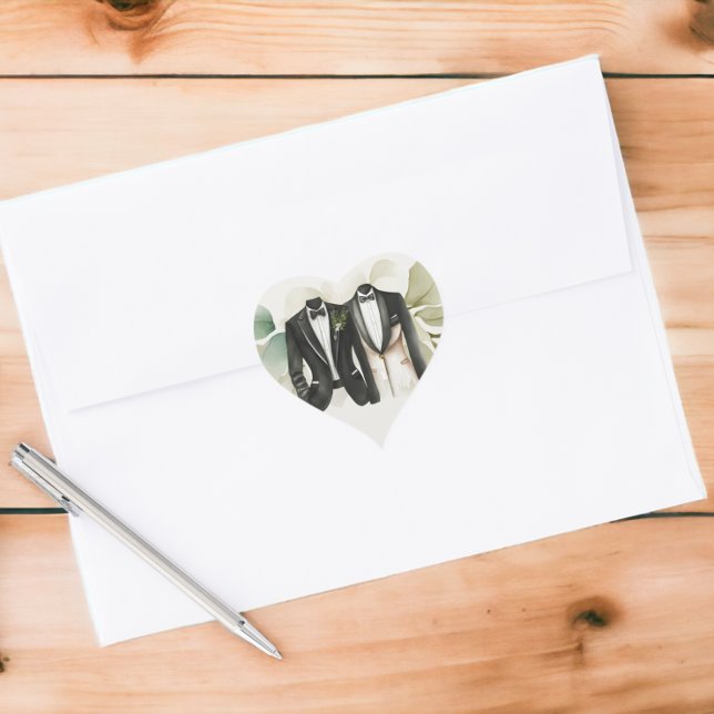 Adesivo Coração Casamento Elegante de Gay Dois Nascentes em Traços (Elegant Gay Wedding Two Grooms in Suits Stickers from Ricaso)