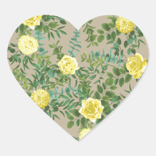 Adesivo Coração Casamento Floral do Rosa Amarelo-claro e Khaki Ecr