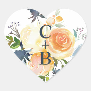 Adesivo Coração Casamento Floral em Aquarela Azul Marinho e Coral