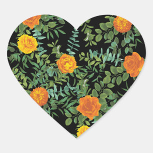 Adesivo Coração Casamento Floral Laranja & Preto- Gótico - Rosa