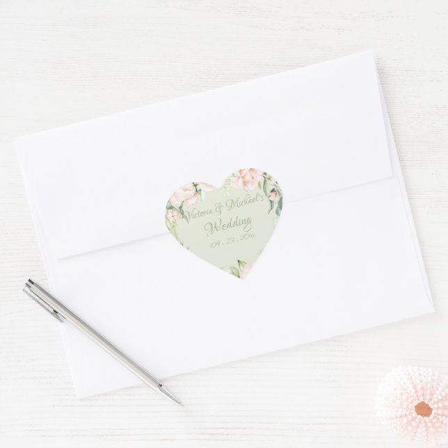 Adesivo Coração Casamento Floral Verde Pink e Pastel (Envelope)