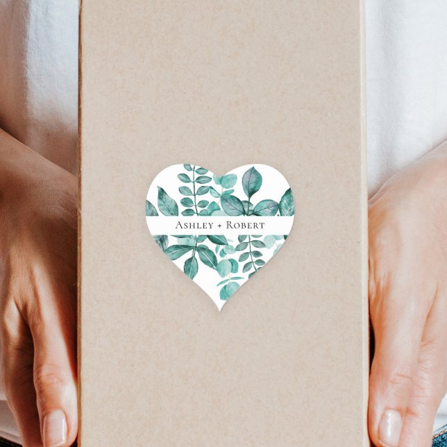 Adesivo Coração Casamento Moderno Elegante Teal Greenery Watercolo (Criador carregado)