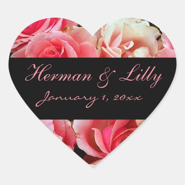 Adesivo Coração Casamento Personalizado de Rosas Rosa (Frente)