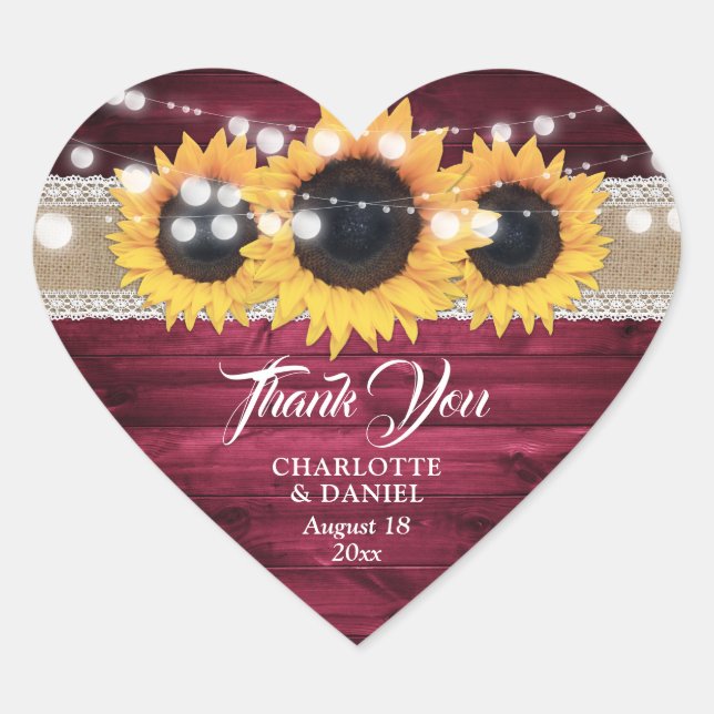 Adesivo Coração Casamento Rústico Burgundy Burlap Lace Girassol (Frente)