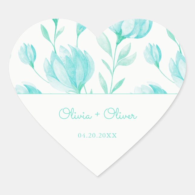Adesivo Coração Casamento Teal Peonies (Frente)