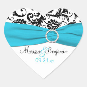 Adesivo Coração Casamento tema damasco azul, branco e preto