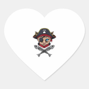 Adesivo Coração Cat Pirate Jolly Roger Flag Skull e Crossbones T