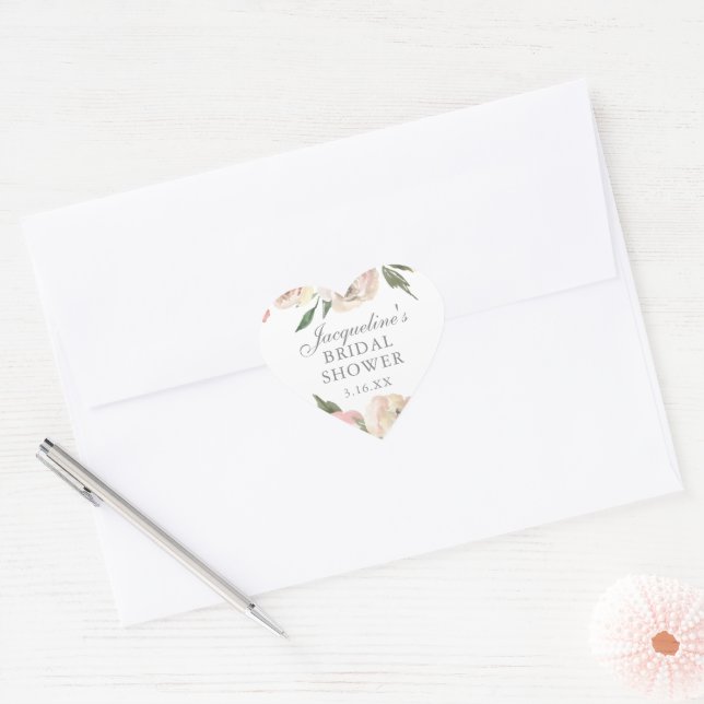 Adesivo Coração Chá de Bebê Rosa Elegante com Flores Personalizada (Envelope)