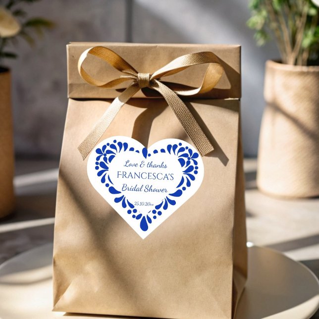 Adesivo Coração Chá de panela azul mexicano talavera (Mexican blue talavera bridal shower favor sticker heart shaped stickers personalized favor stickers)