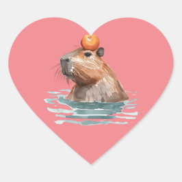 Adesivo Coração Charmoso Capybara Cute com Laranja