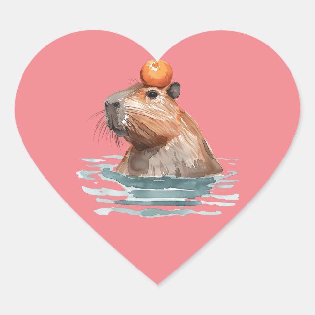 Adesivo Coração Charmoso Capybara Cute com Laranja (Frente)
