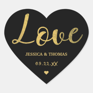 Adesivo Coração Chic Faux Gold Foil Typografia Script Love Casamen