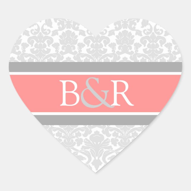 Adesivo Coração Cinza de coral Caramelo Monograma Envelope Selo (Frente)