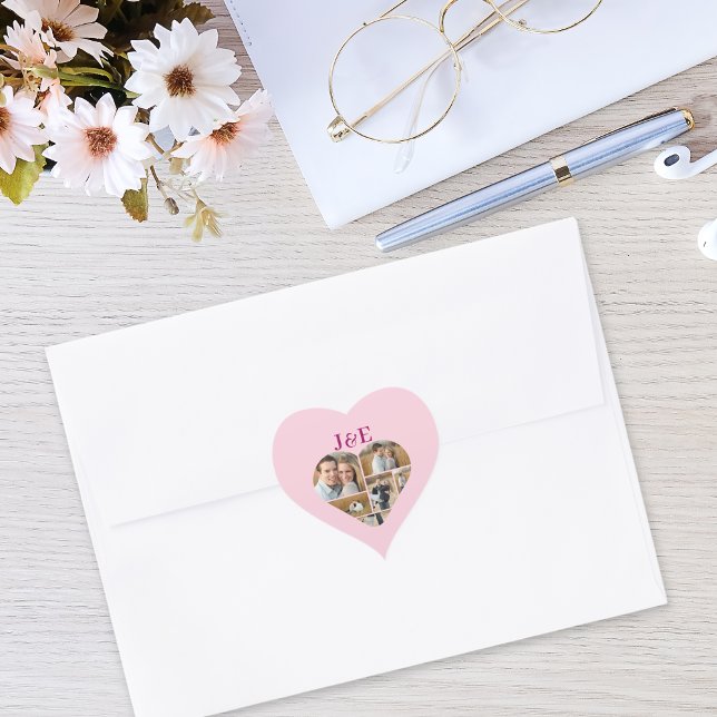 Adesivo Coração Colagem de Fotos de Coração Monogramado Rosa Capri (Pink personalized Heart shaped sticker)