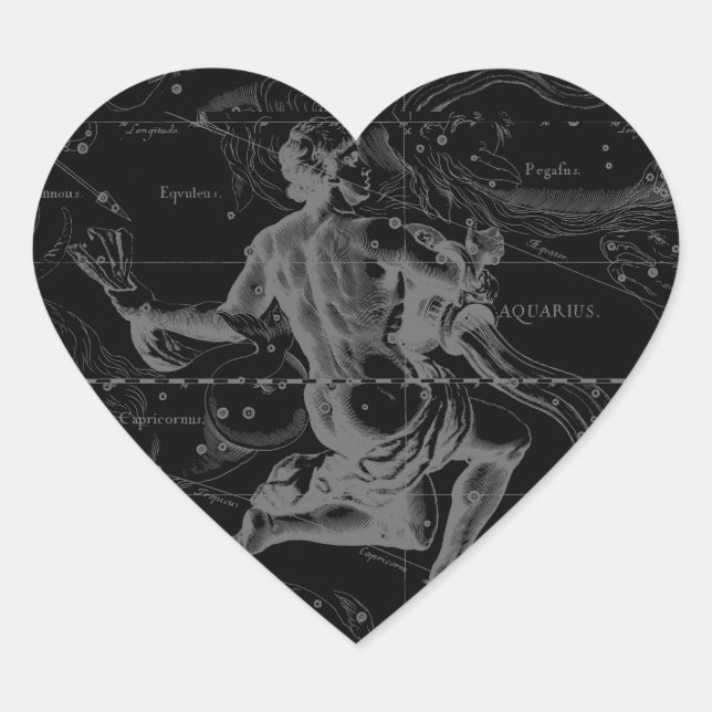 Adesivo Coração Constelação Aquarius Hevelius 1690 em Preto (Frente)