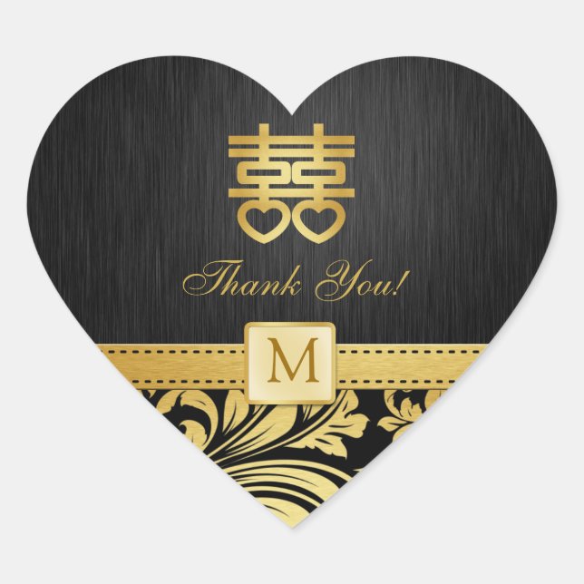 Adesivo Coração Coração de Felicidade Dupla Chinesa Dourada e Pret (Frente)