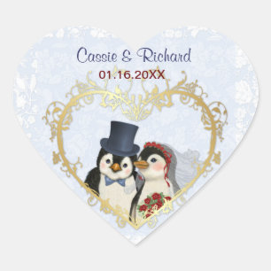 Adesivo Coração Coração do casamento do pinguim - personalize