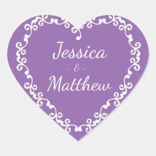 Adesivo Coração Coração Floral Roxo e Branco Casamento Personaliza