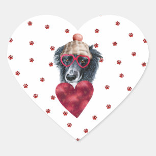 Adesivo Coração Coração Rosa Vermelho Patas Borda Collie Cachorro