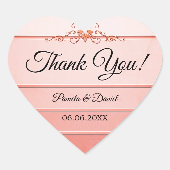 Adesivo Coração Coral Ton sur Ton Stripe Casamento Obrigado Sticke (Frente)