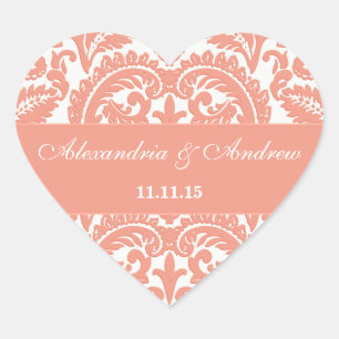 Adesivo Coração Coral Victorian Vintage Damask Heart Wedding Seal