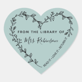 Adesivo Coração Coroa de Coração Floral Biblioteca Teal Rústico